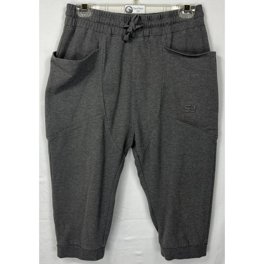 EUC Sean John Womens Charcoal Grey Heather Cropped 3/4 Capri Joggers SJ Logo L